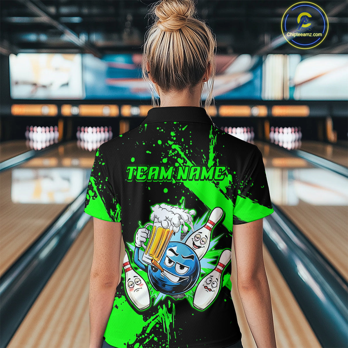 Custom Green Funny Beer Bowling Shirt for Women Bowling League Jersey Polo 1/4 Zip Bowling Outfit QZT822