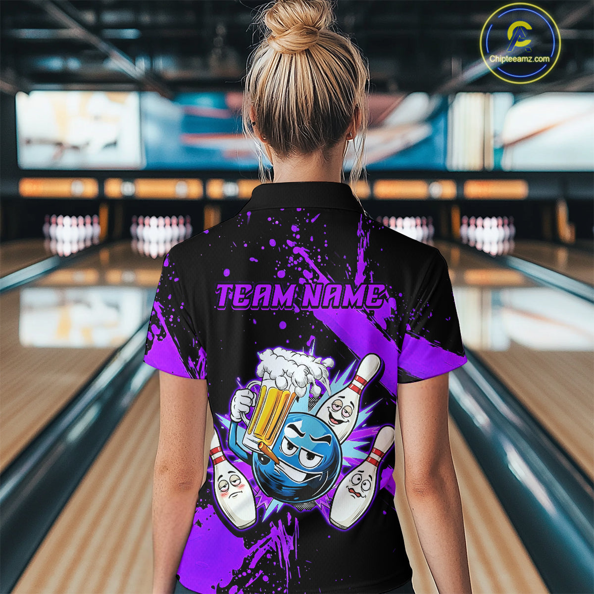 Custom Purple Funny Beer Bowling Shirt for Women Bowling League Jersey Polo 1/4 Zip Bowling Outfit QZT822