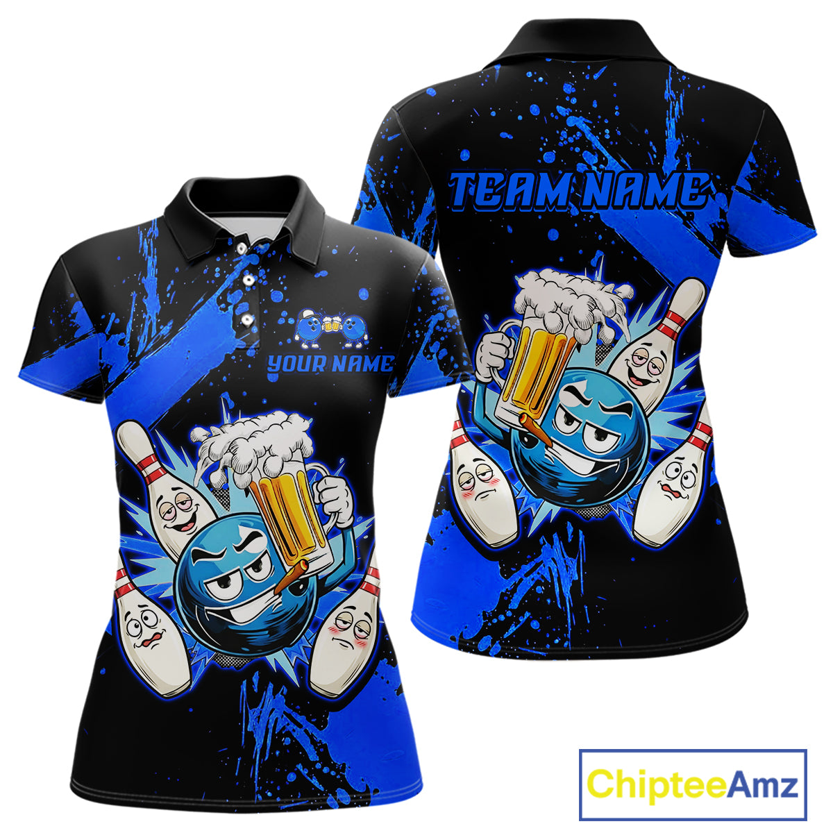 Custom Blue Funny Beer Bowling Shirt for Women Bowling League Jersey Polo 1/4 Zip Bowling Outfit QZT822