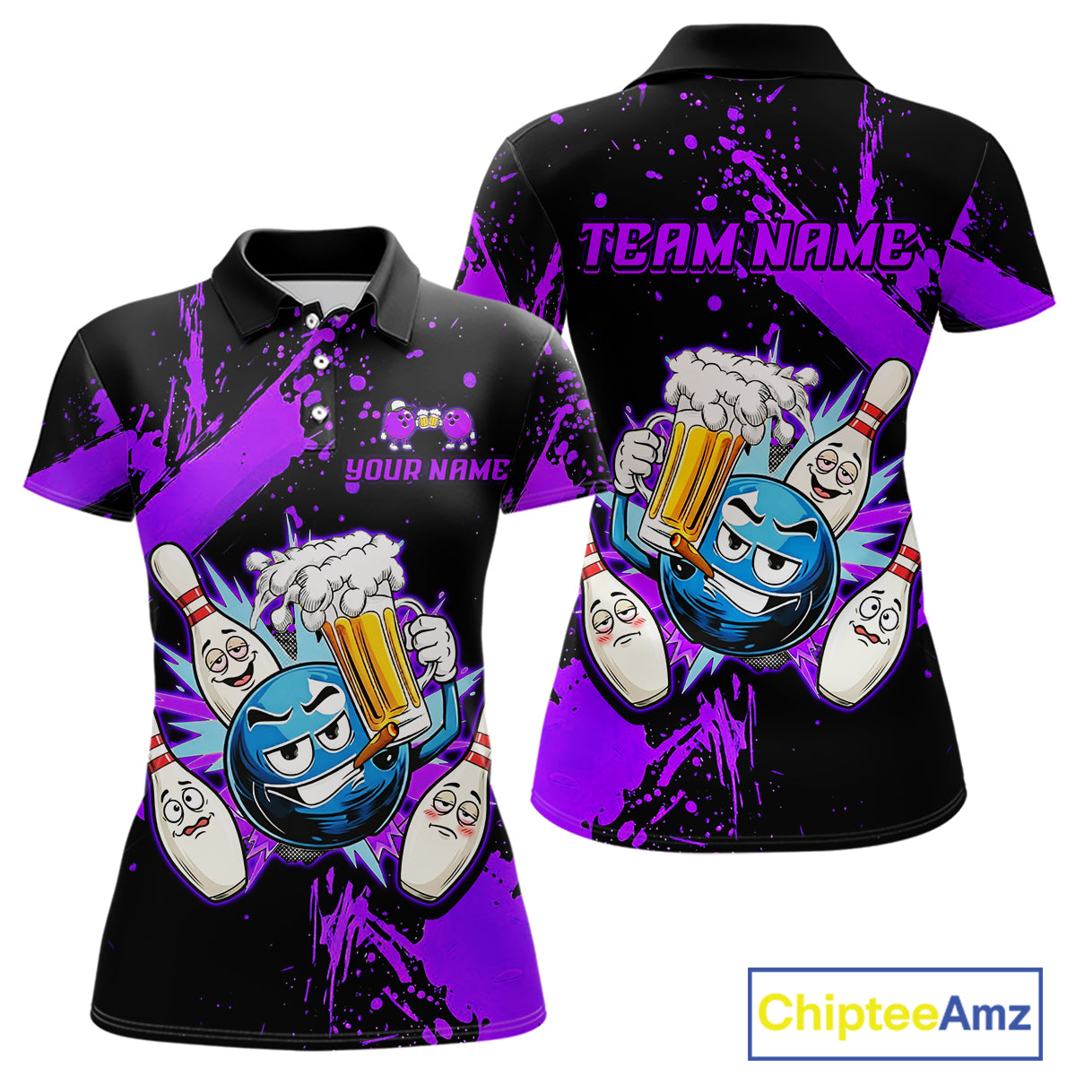 Custom Purple Funny Beer Bowling Shirt for Women Bowling League Jersey Polo 1/4 Zip Bowling Outfit QZT822
