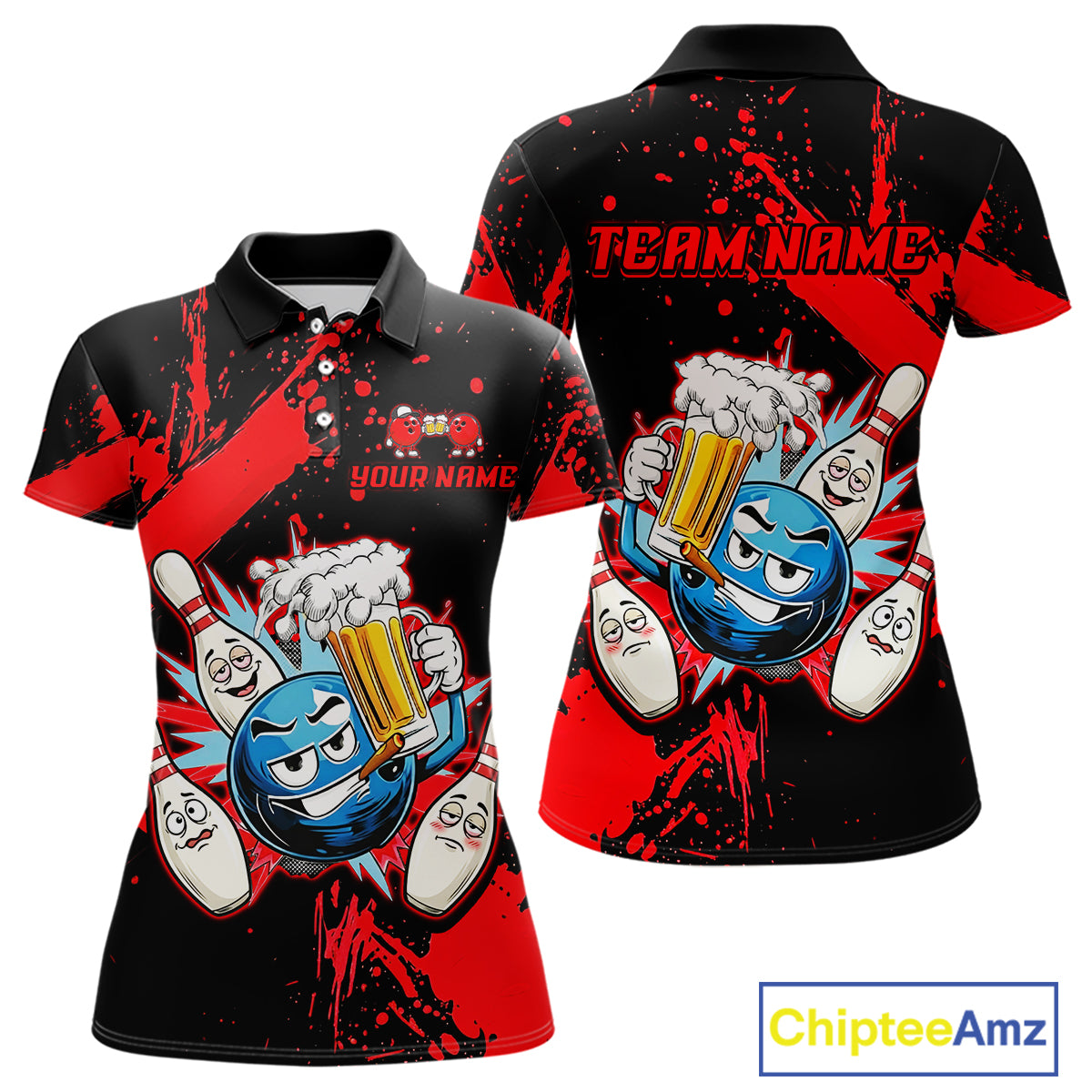 Custom Red Funny Beer Bowling Shirt for Women Bowling League Jersey Polo 1/4 Zip Bowling Outfit QZT822