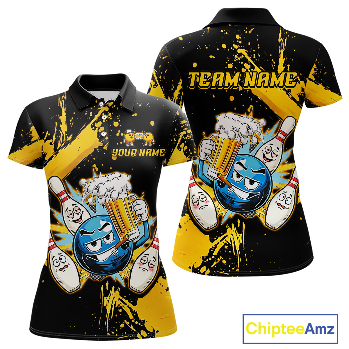 Custom Yellow Funny Beer Bowling Shirt for Women Bowling League Jersey Polo 1/4 Zip Bowling Outfit QZT822