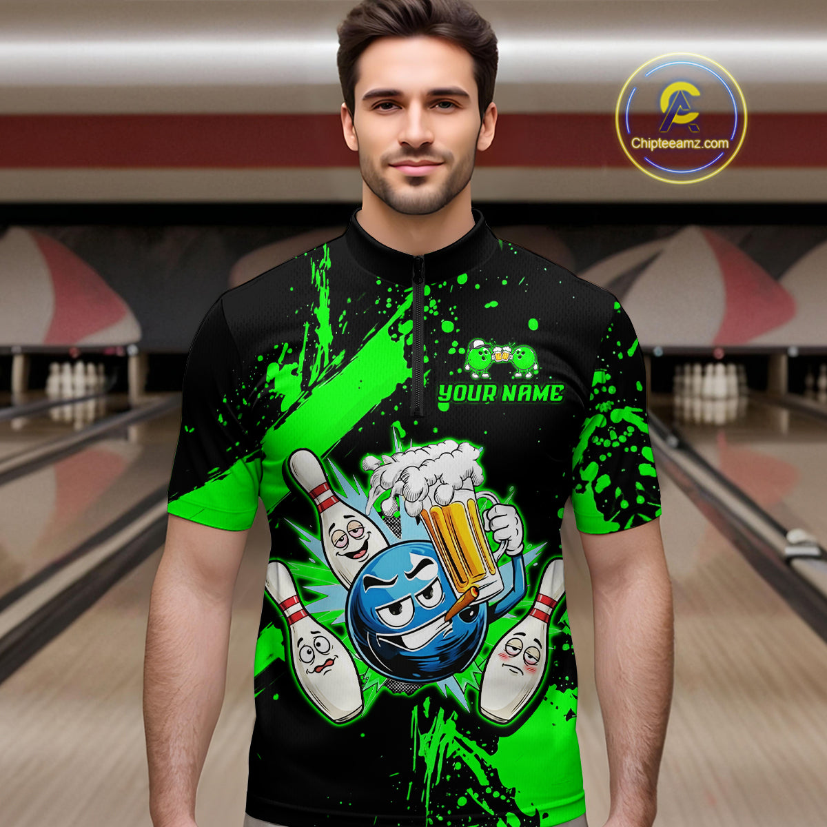 Custom Green Funny Beer Bowling Shirt for Men Bowling League Jersey Polo 1/4 Zip Bowling Outfit QZT822