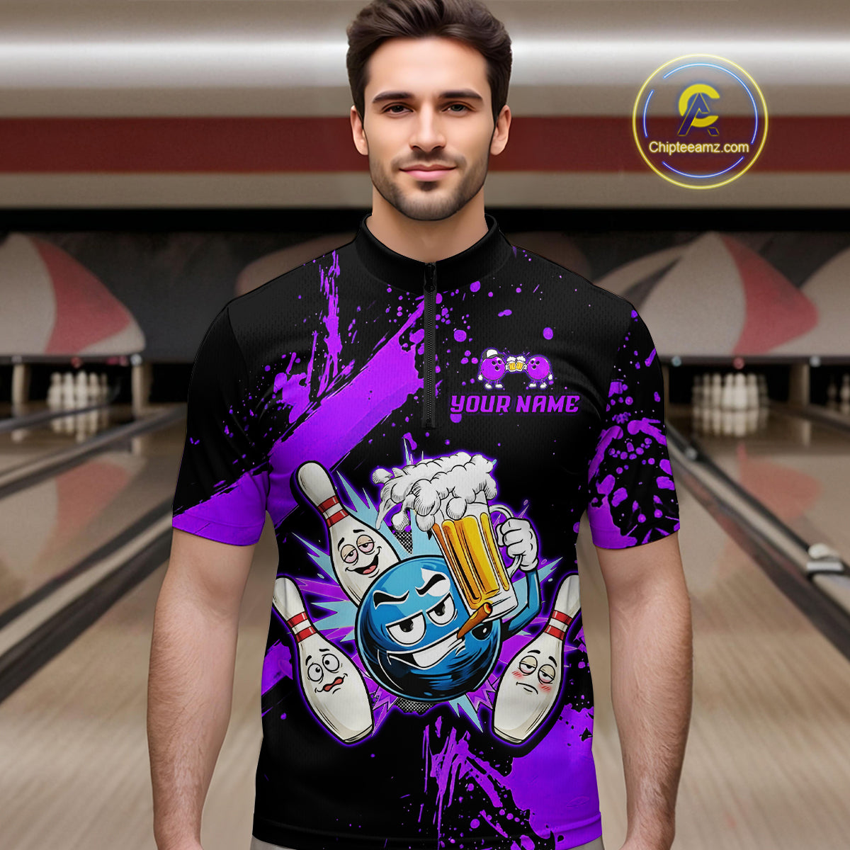 Custom Purple Funny Beer Bowling Shirt for Men Bowling League Jersey Polo 1/4 Zip Bowling Outfit QZT822