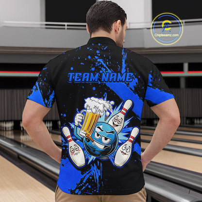 Custom Blue Funny Beer Bowling Shirt for Men Bowling League Jersey Polo 1/4 Zip Bowling Outfit QZT822