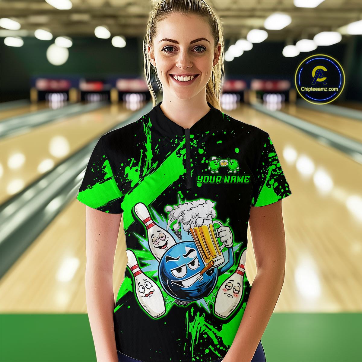 Custom Green Funny Beer Bowling Shirt for Women Bowling League Jersey Polo 1/4 Zip Bowling Outfit QZT822