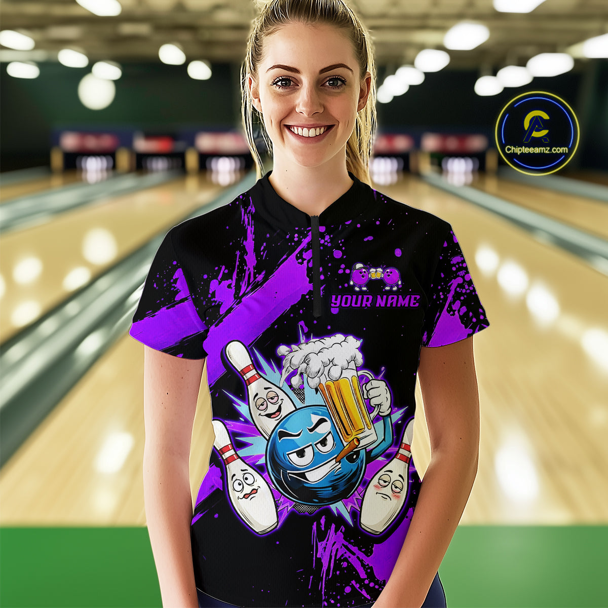 Custom Purple Funny Beer Bowling Shirt for Women Bowling League Jersey Polo 1/4 Zip Bowling Outfit QZT822