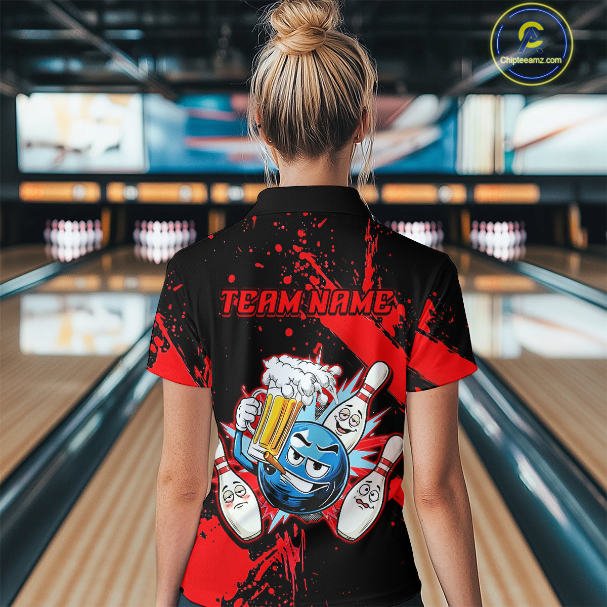 Custom Red Funny Beer Bowling Shirt for Women Bowling League Jersey Polo 1/4 Zip Bowling Outfit QZT822