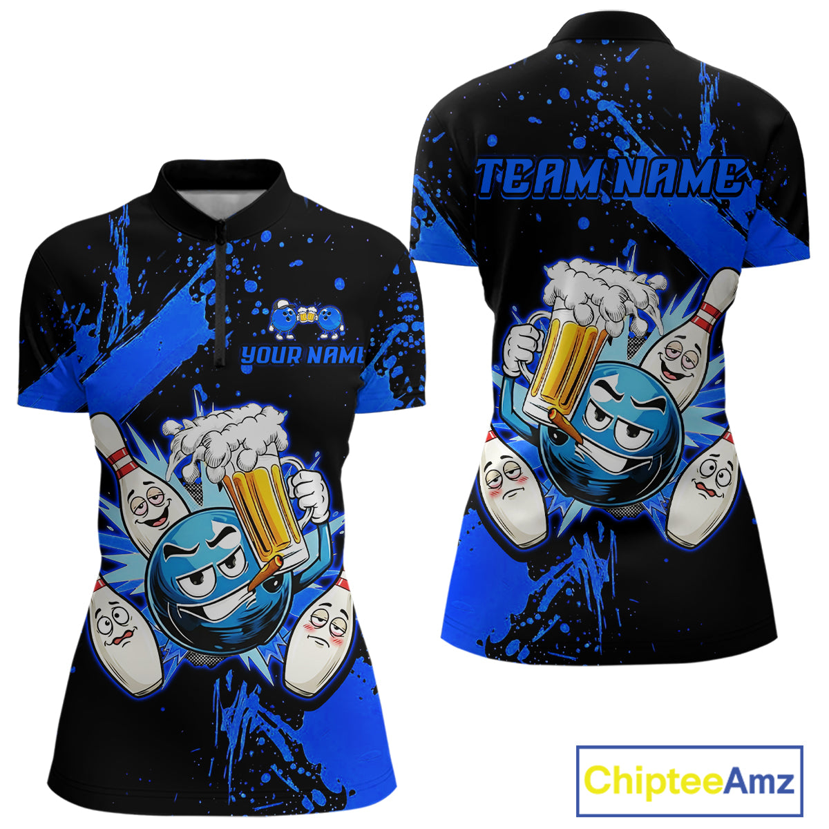 Custom Blue Funny Beer Bowling Shirt for Women Bowling League Jersey Polo 1/4 Zip Bowling Outfit QZT822