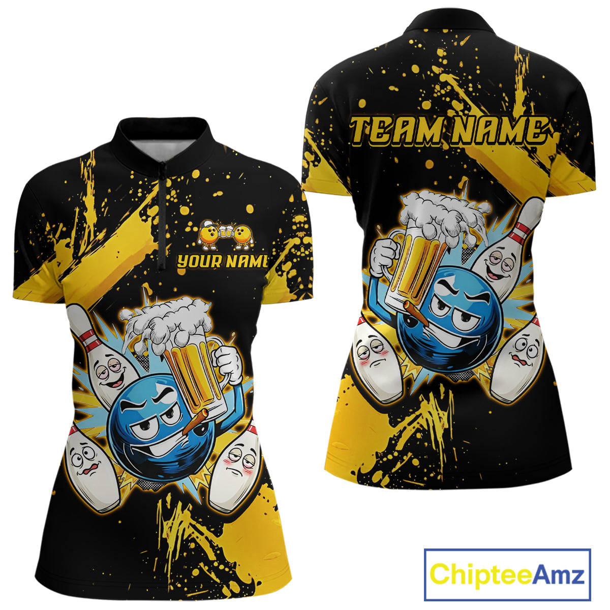 Custom Yellow Funny Beer Bowling Shirt for Women Bowling League Jersey Polo 1/4 Zip Bowling Outfit QZT822