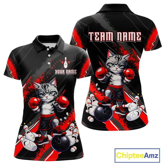 Funny Red Cat Bowling Team Jersey Personalized Polo & 1/4 Zip Shirt for Women Bowling League QZT825