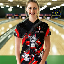 Load image into Gallery viewer, Funny Red Cat Bowling Team Jersey Personalized Polo &amp; 1/4 Zip Shirt for Women Bowling League QZT825
