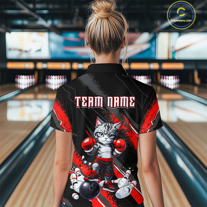Funny Red Cat Bowling Team Jersey Personalized Polo & 1/4 Zip Shirt for Women Bowling League QZT825