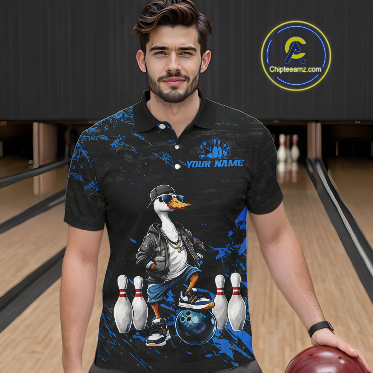 Personalized Blue Funny Goose Bowling Team Shirt for Men Bowling League Jersey Polo & 1/4-Zip QZT877
