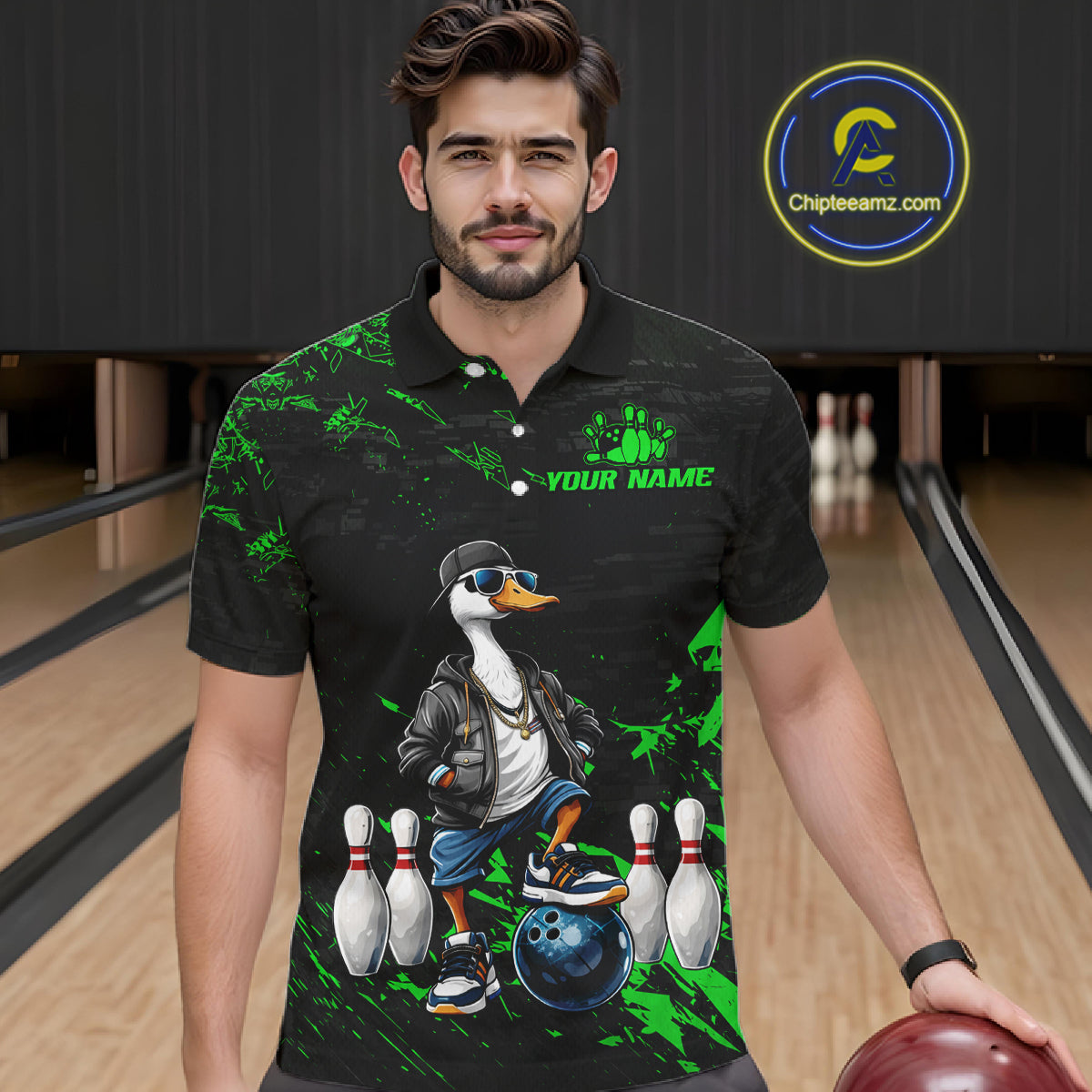 Personalized Green Funny Goose Bowling Team Shirt for Men Bowling League Jersey Polo & 1/4-Zip QZT877