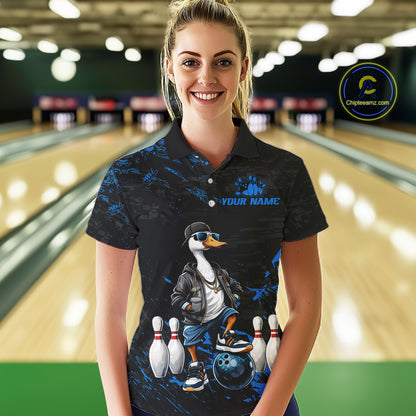 Personalized Blue Funny Goose Bowling Team Shirt for Women Bowling League Jersey Polo & 1/4-Zip QZT877