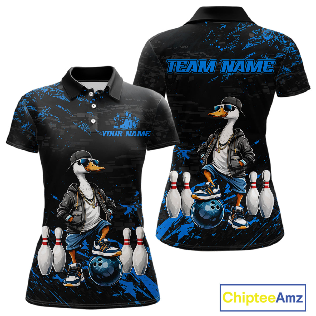 Personalized Blue Funny Goose Bowling Team Shirt for Women Bowling League Jersey Polo & 1/4-Zip QZT877