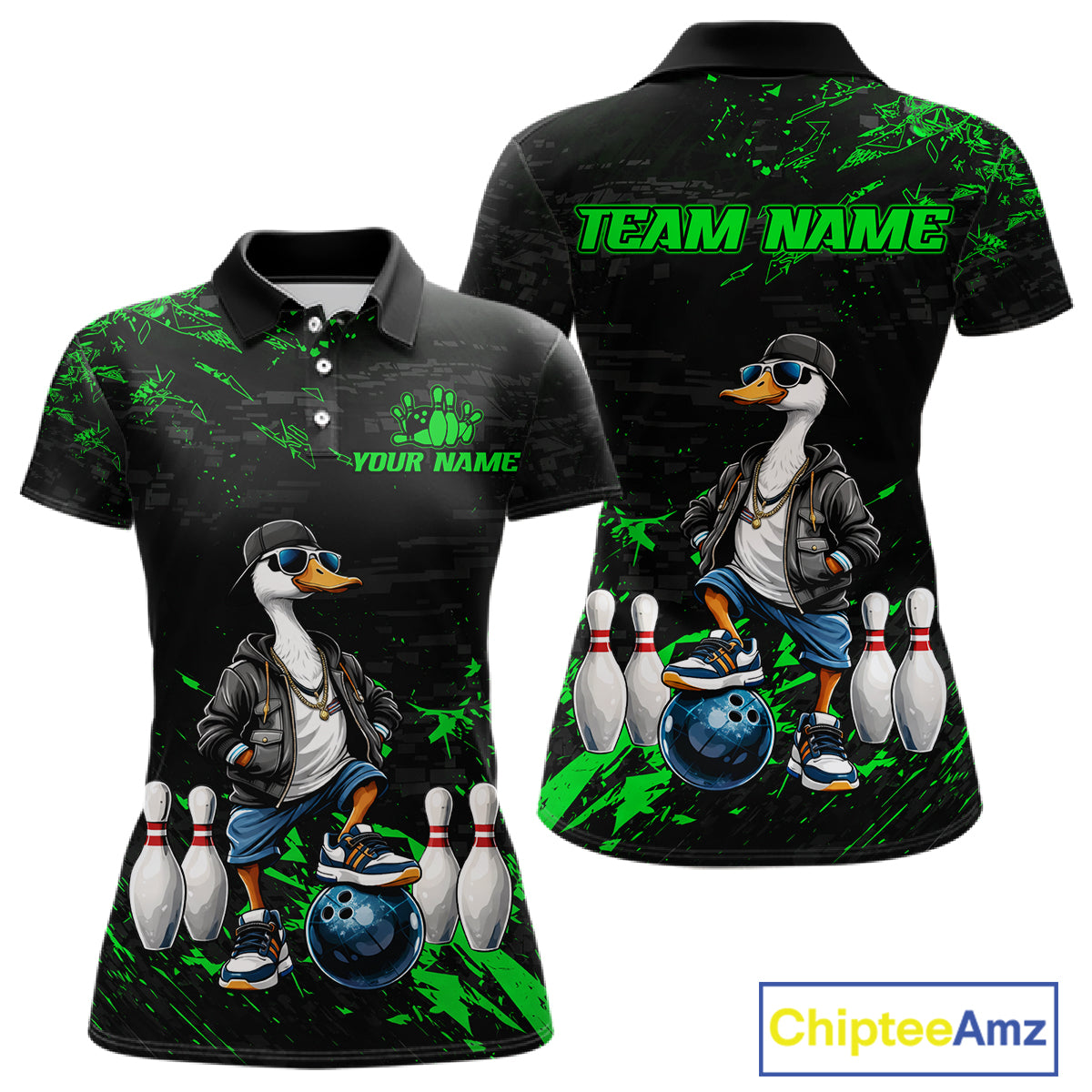 Personalized Green Funny Goose Bowling Team Shirt for Women Bowling League Jersey Polo & 1/4-Zip QZT877