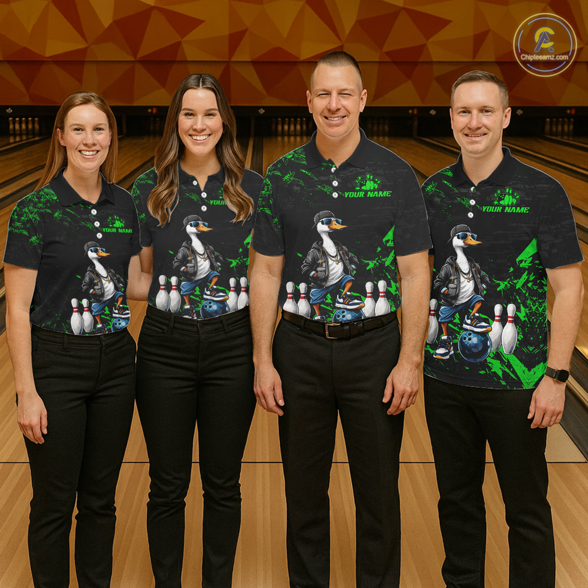 Personalized Green Funny Goose Bowling Team Shirt for Men Bowling League Jersey Polo & 1/4-Zip QZT877
