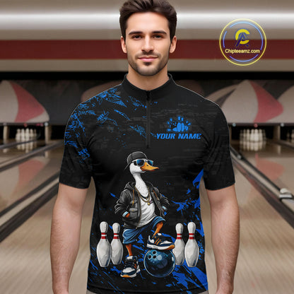 Personalized Blue Funny Goose Bowling Team Shirt for Men Bowling League Jersey Polo & 1/4-Zip QZT877