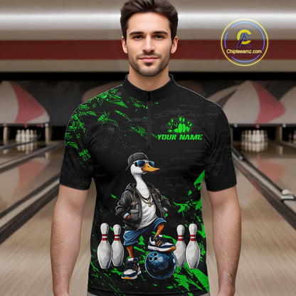 Personalized Green Funny Goose Bowling Team Shirt for Men Bowling League Jersey Polo & 1/4-Zip QZT877