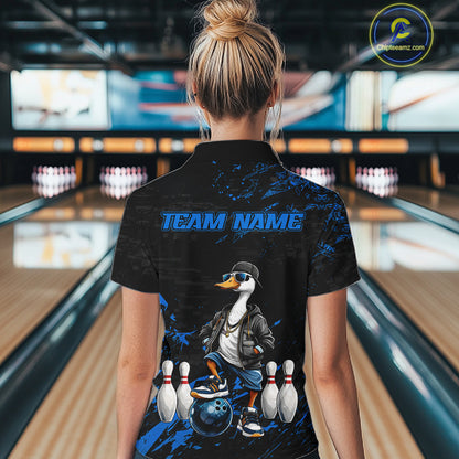Personalized Blue Funny Goose Bowling Team Shirt for Women Bowling League Jersey Polo & 1/4-Zip QZT877