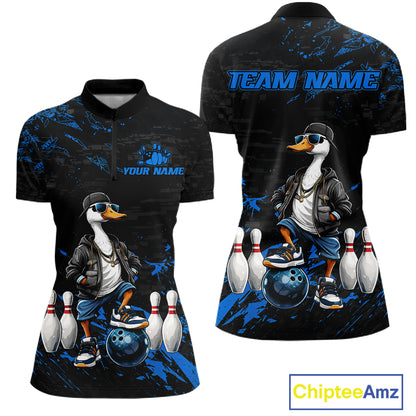 Personalized Blue Funny Goose Bowling Team Shirt for Women Bowling League Jersey Polo & 1/4-Zip QZT877