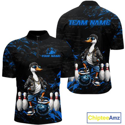 Personalized Blue Funny Goose Bowling Team Shirt for Men Bowling League Jersey Polo & 1/4-Zip QZT877
