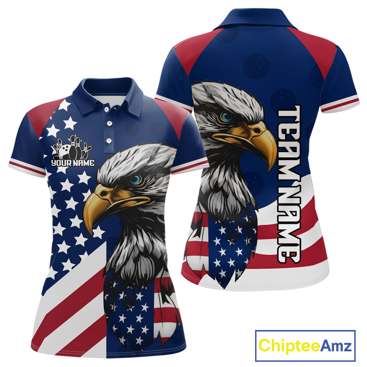 Custom US Flag Eagle Bowling Team Shirt for Women Bowling League Jersey Polo & Quarter-Zip QZT816