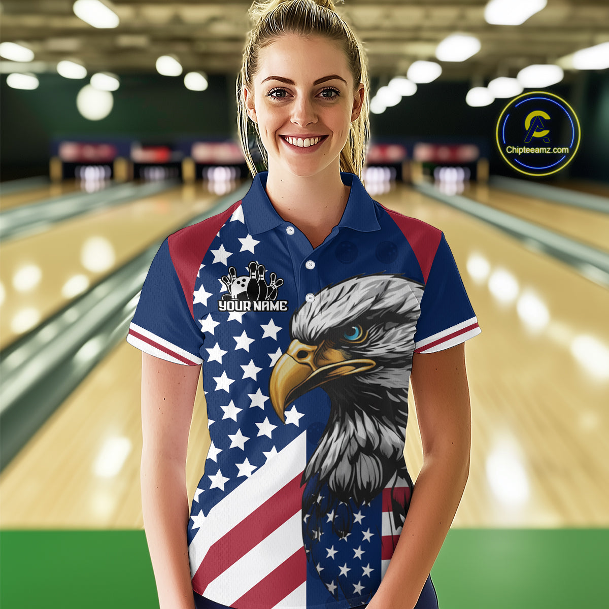 Custom US Flag Eagle Bowling Team Shirt for Women Bowling League Jersey Polo & Quarter-Zip QZT816