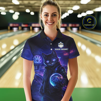 Personalized Neon Cat Bowling Shirt for Women Bowling Team Polo & Quarter-Zip Bowling Outfit QZT884