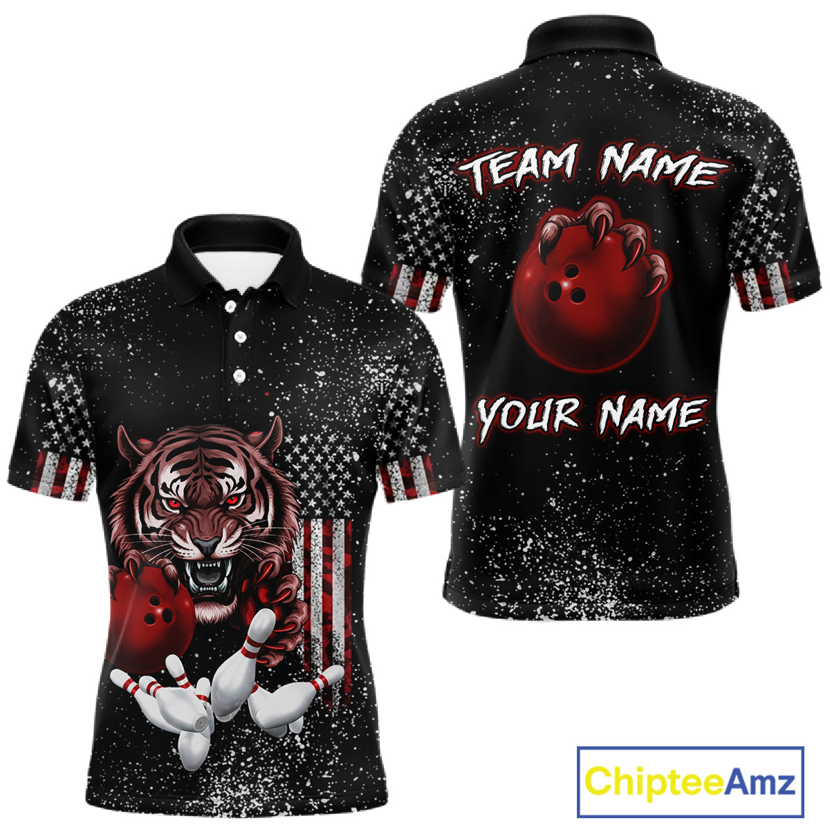 Custom American Flag Bowling Shirt Tiger Bowling Jersey League Polo & 1/4 Zip Bowling for Men QZT835