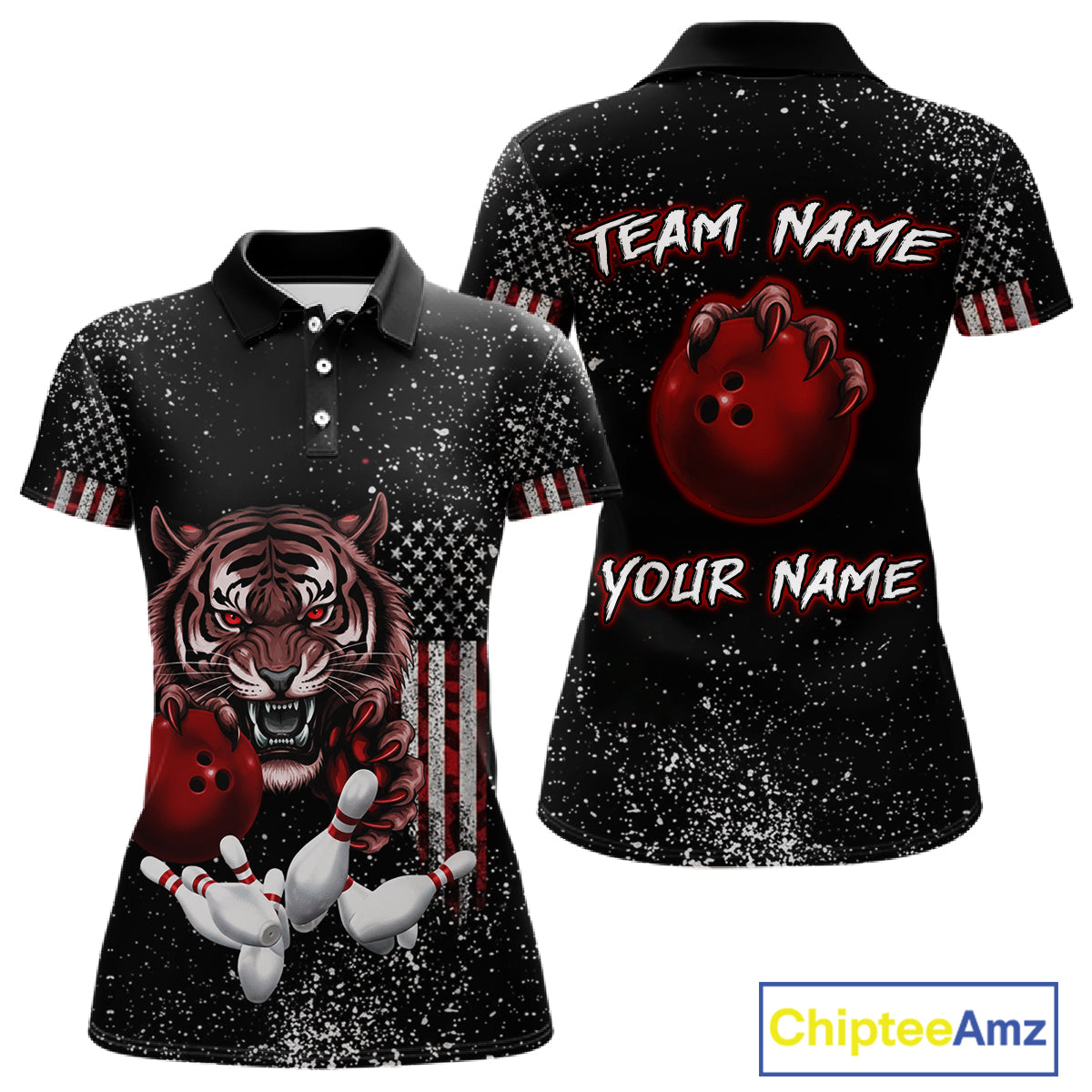 Custom American Flag Bowling Shirt Tiger Bowling Jersey League Polo & 1/4 Zip Bowling for Women QZT835