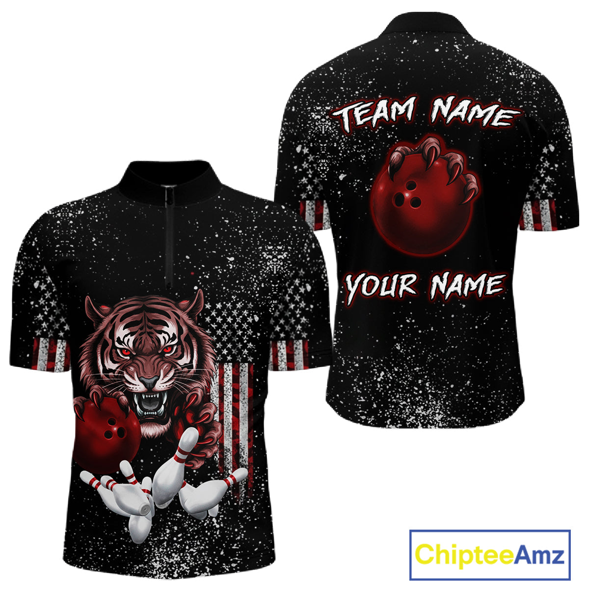 Custom American Flag Bowling Shirt Tiger Bowling Jersey League Polo & 1/4 Zip Bowling for Men QZT835