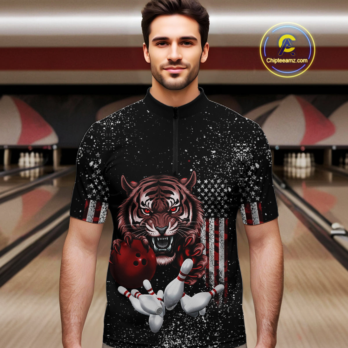 Custom American Flag Bowling Shirt Tiger Bowling Jersey League Polo & 1/4 Zip Bowling for Men QZT835