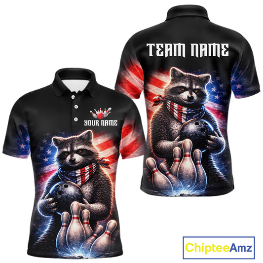 Custom American Flag Raccoon Bowling Shirt Bowling Jersey for Men Patriotic Bowling Polo & 1/4-Zip QZT974