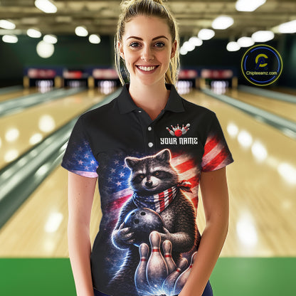 Custom American Flag Raccoon Bowling Shirt Bowling Jersey for Women Patriotic Bowling Polo & 1/4-Zip QZT974