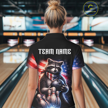 Custom American Flag Raccoon Bowling Shirt Bowling Jersey for Women Patriotic Bowling Polo & 1/4-Zip QZT974