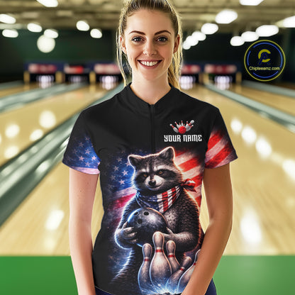 Custom American Flag Raccoon Bowling Shirt Bowling Jersey for Women Patriotic Bowling Polo & 1/4-Zip QZT974