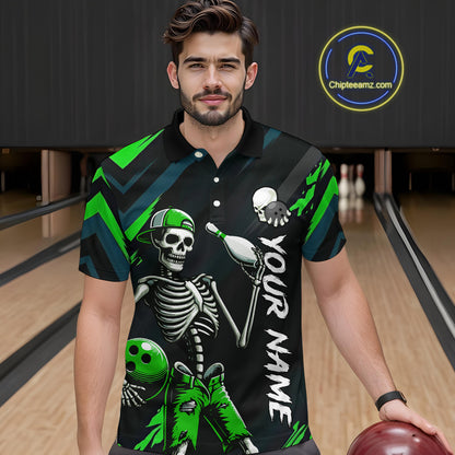 Custom Green Skull Bowling Team Shirt for Men Polo & 1/4 Zip Bowling League Jersey Bowling Unisex QZT794