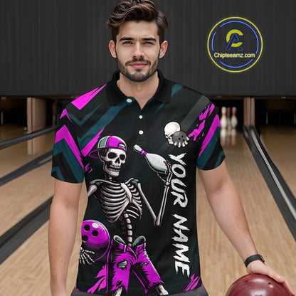 Custom Pink Skull Bowling Team Shirt for Men Polo & 1/4 Zip Bowling League Jersey Bowling Unisex QZT794