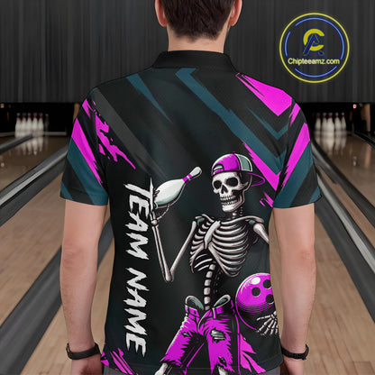 Custom Pink Skull Bowling Team Shirt for Men Polo & 1/4 Zip Bowling League Jersey Bowling Unisex QZT794