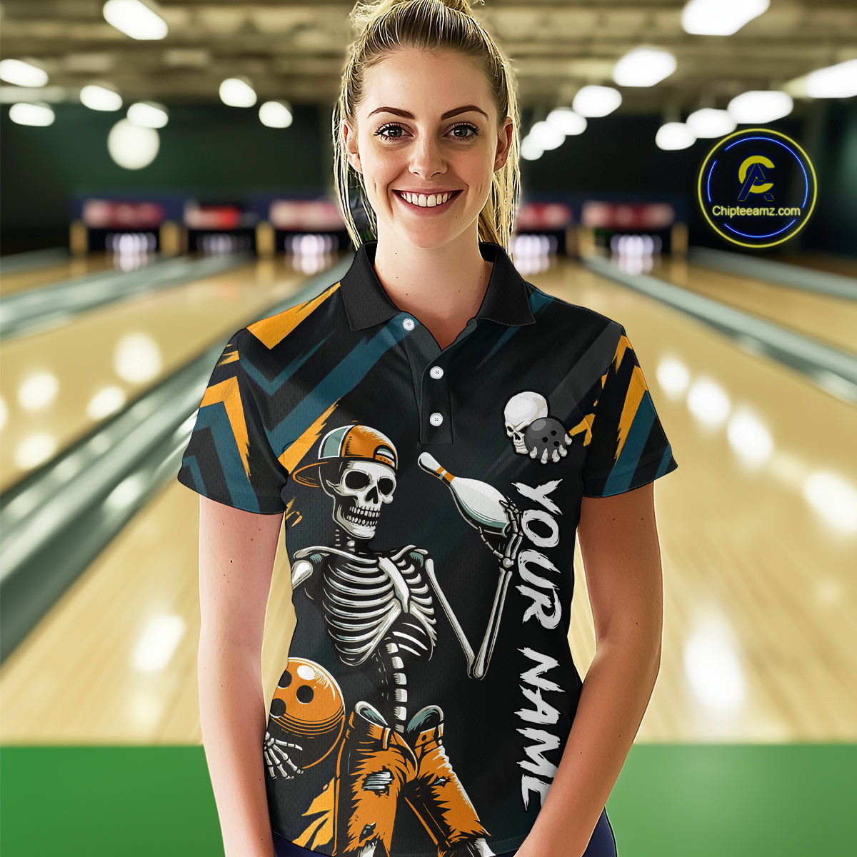 Custom Yellow Skull Bowling Team Shirt for Women Polo & 1/4 Zip Bowling League Jersey Bowling Gift QZT794