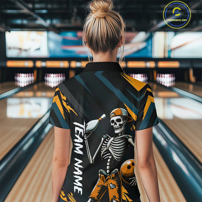 Custom Yellow Skull Bowling Team Shirt for Women Polo & 1/4 Zip Bowling League Jersey Bowling Gift QZT794