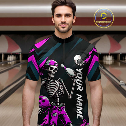 Custom Pink Skull Bowling Team Shirt for Men Polo & 1/4 Zip Bowling League Jersey Bowling Unisex QZT794