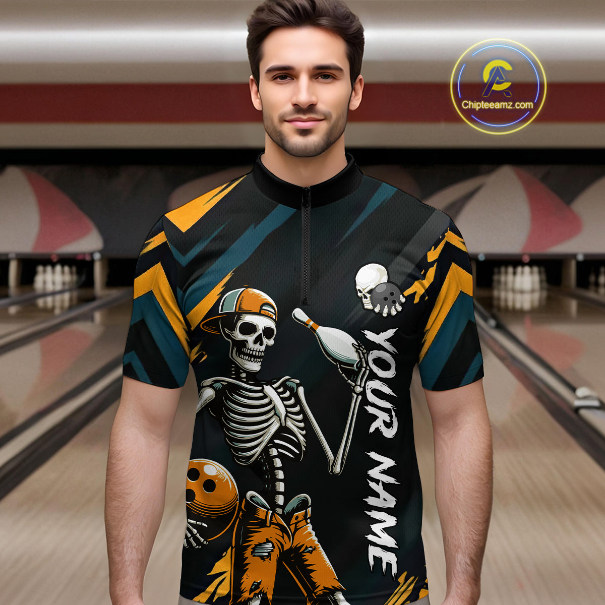 Custom Yellow Skull Bowling Team Shirt for Men Polo & 1/4 Zip Bowling League Jersey Bowling Unisex QZT794