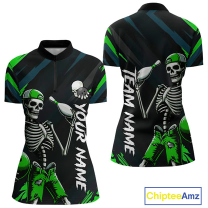 Custom Green Skull Bowling Team Shirt for Women Polo & 1/4 Zip Bowling League Jersey Bowling Gift QZT794