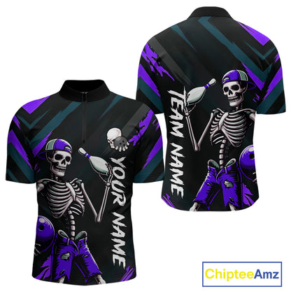Custom Purple Skull Bowling Team Shirt for Men Polo & 1/4 Zip Bowling League Jersey Bowling Unisex QZT794