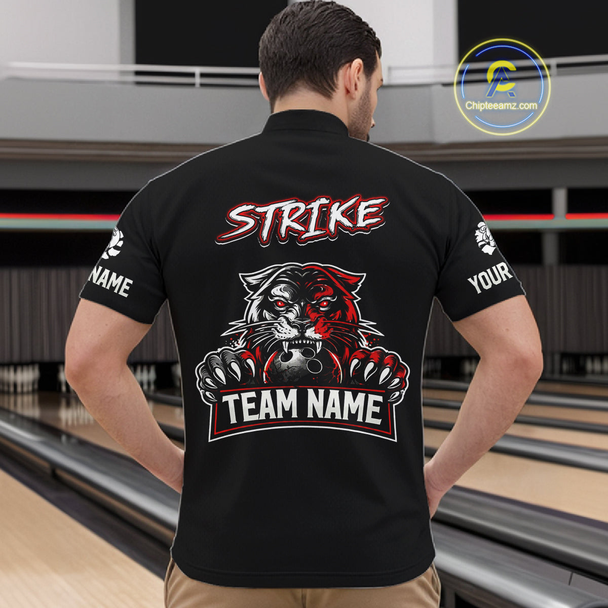 Custom Red & White Tiger Bowling Team Jersey for Men Bowling Shirt Polo & 1/4 Zip Bowling Outfit QZT841