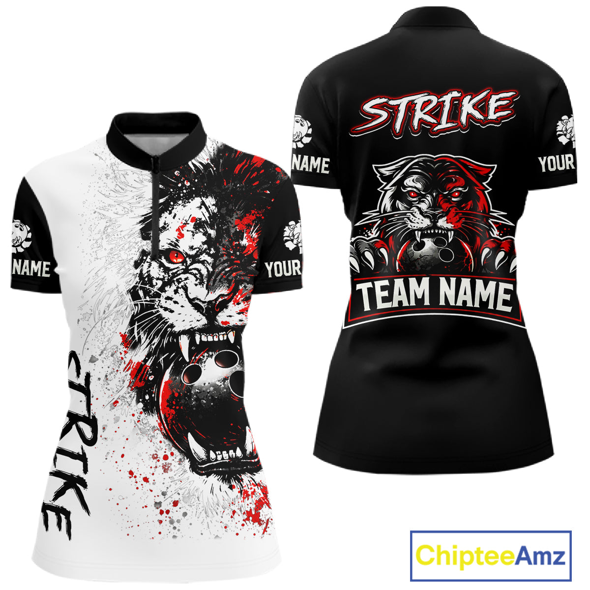 Custom Red & White Tiger Bowling Team Jersey for Women Bowling Shirt Polo & 1/4 Zip Bowling Outfit QZT841